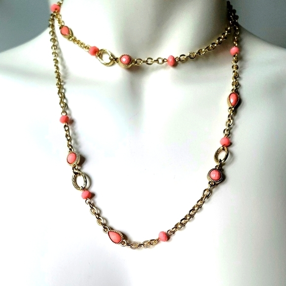 Fashion Pink Coral and Gold Color Necklace 35" - Picture 2 of 7